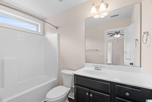 full bath featuring vanity, visible vents, ceiling fan, shower / bath combination, and toilet