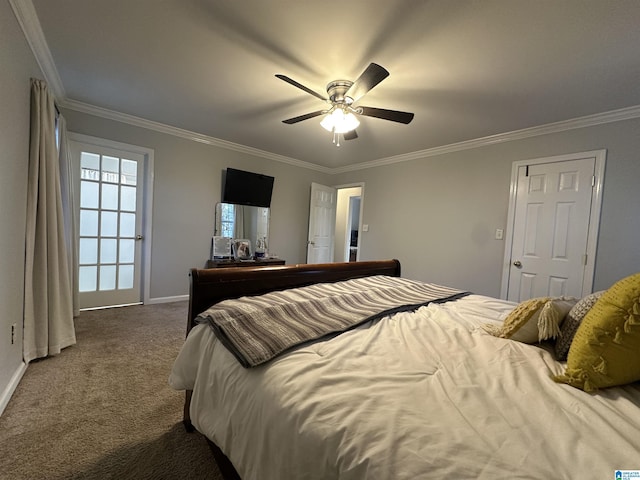 13733 Ginger Dr, Mccalla, AL 35111 - bedroom featuring a ceiling fan, ornamental molding, baseboards, and dark colored carpet