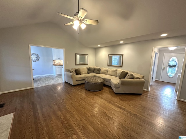 13733 Ginger Dr, Mccalla, AL 35111 - living room with dark wood finished floors, baseboards, and a ceiling fan