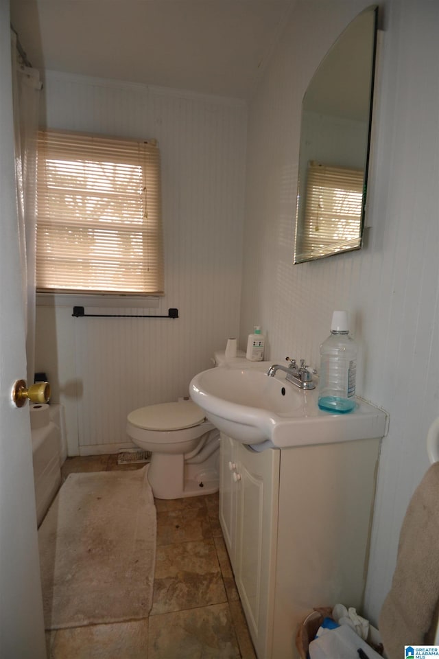 bathroom with toilet, a shower with curtain, and vanity