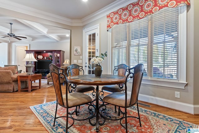 dining space featuring baseboards, coffered ceiling, a ceiling fan, light wood-type flooring, and beam ceiling