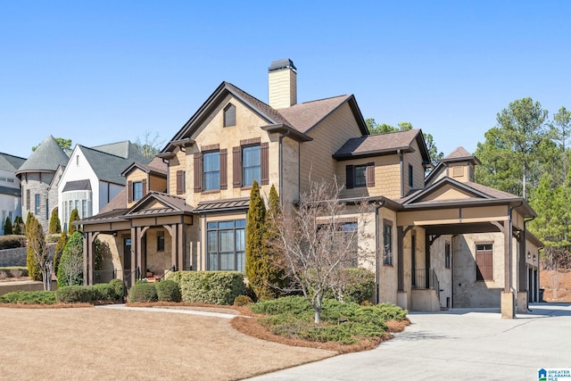 view of front of house featuring a standing seam roof, a chimney, metal roof, and concrete driveway