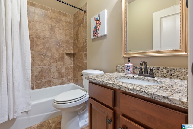 bathroom featuring toilet, tile patterned floors, shower / tub combo with curtain, and vanity