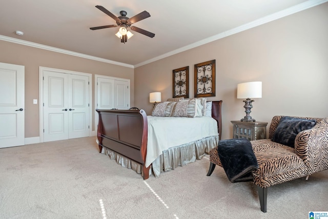 bedroom featuring ornamental molding, carpet, baseboards, and a ceiling fan