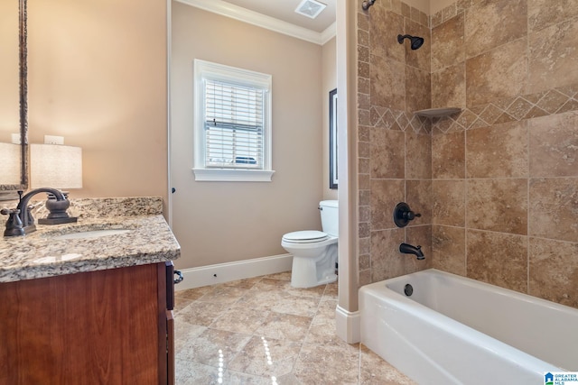 full bath with toilet, bathing tub / shower combination, visible vents, baseboards, and ornamental molding