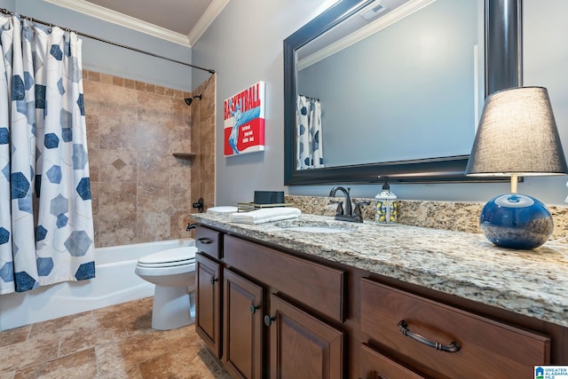 bathroom with toilet, visible vents, vanity, ornamental molding, and shower / bath combination with curtain