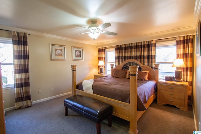 carpeted bedroom with ornamental molding, multiple windows, ceiling fan, and baseboards