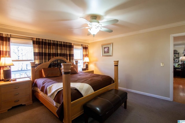 carpeted bedroom featuring a ceiling fan, baseboards, and crown molding