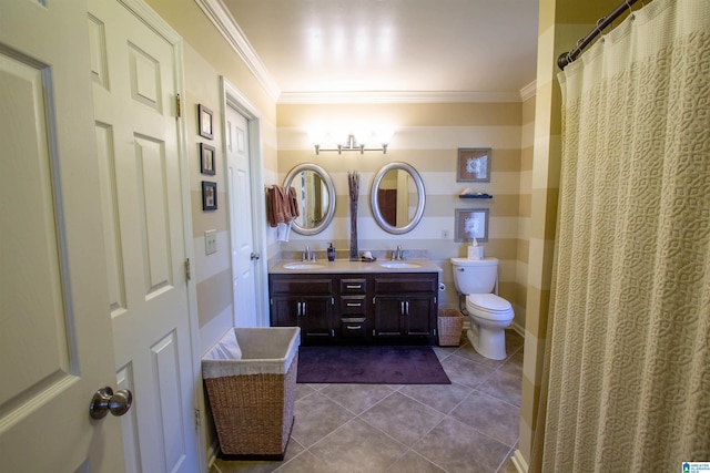 full bath featuring toilet, tile patterned flooring, crown molding, and a sink