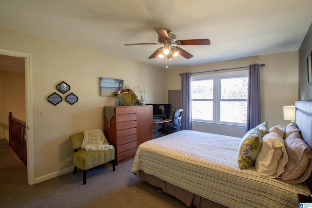 bedroom featuring ceiling fan, carpet floors, and baseboards