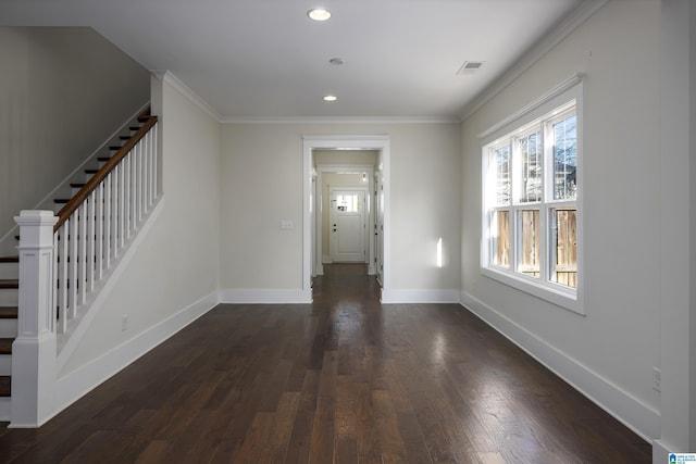 foyer entrance with recessed lighting, visible vents, stairway, dark wood-type flooring, and baseboards