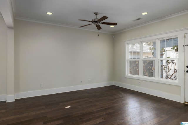 unfurnished room featuring crown molding, baseboards, dark wood-type flooring, and recessed lighting