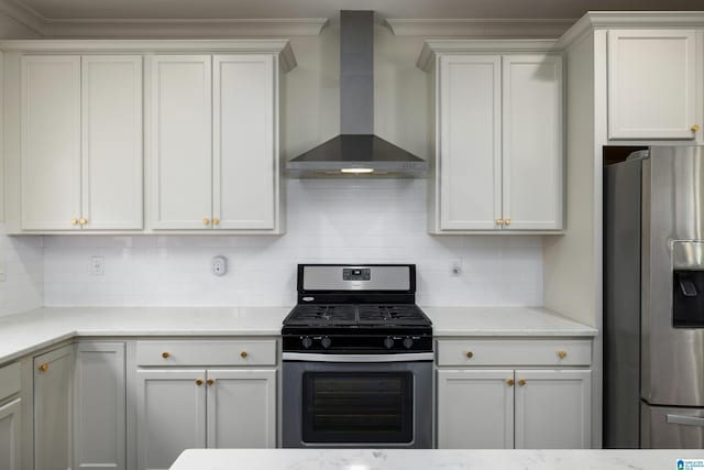 kitchen with crown molding, wall chimney exhaust hood, appliances with stainless steel finishes, and tasteful backsplash