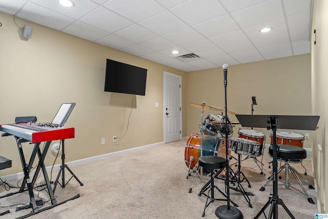 playroom with a paneled ceiling, recessed lighting, carpet flooring, visible vents, and baseboards