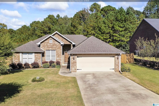 single story home with brick siding, roof with shingles, a front yard, a garage, and driveway