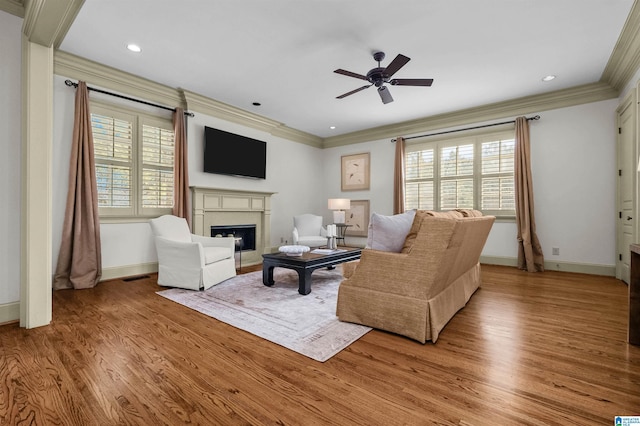 living area featuring ornamental molding, plenty of natural light, light wood-type flooring, and a fireplace