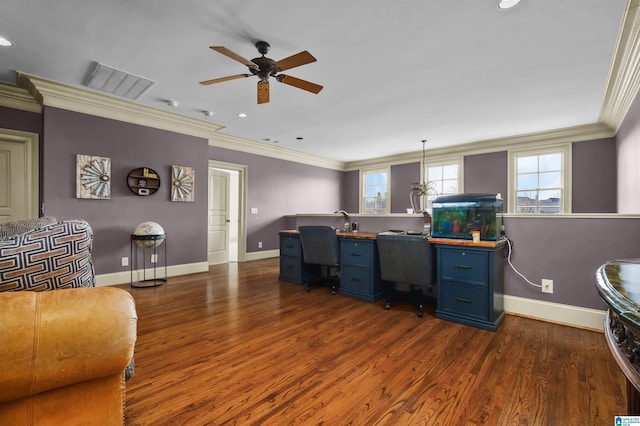 office space featuring baseboards, dark wood-style flooring, and crown molding