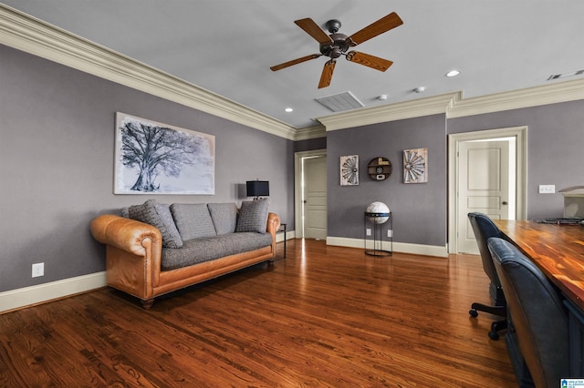 office area featuring baseboards, visible vents, wood finished floors, and ornamental molding