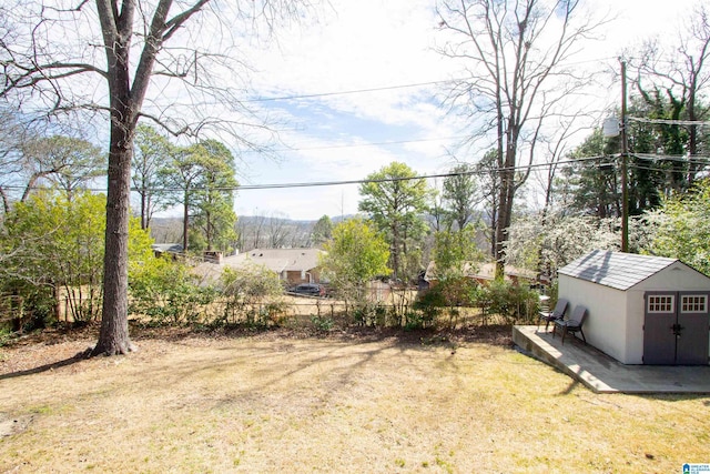 view of yard with a storage shed, fence, and an outdoor structure