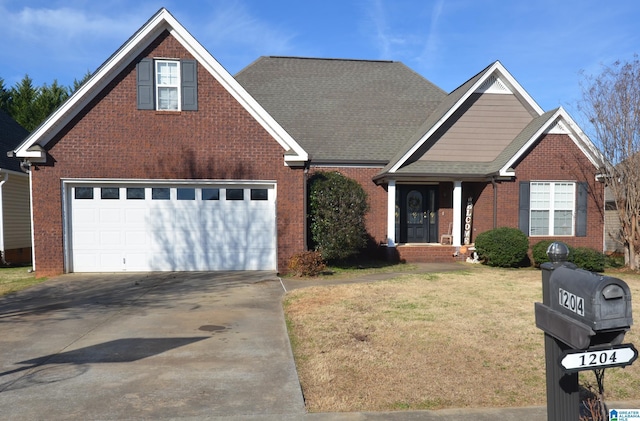 traditional-style home with a shingled roof, concrete driveway, brick siding, and a front lawn