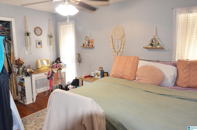 bedroom with a closet, ceiling fan, and wood finished floors