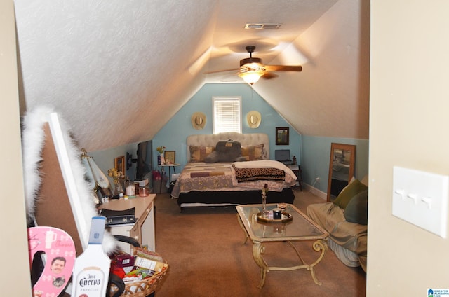 bedroom featuring a textured ceiling, carpet, lofted ceiling, and visible vents