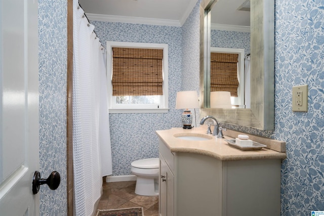 full bathroom featuring toilet, wallpapered walls, and ornamental molding