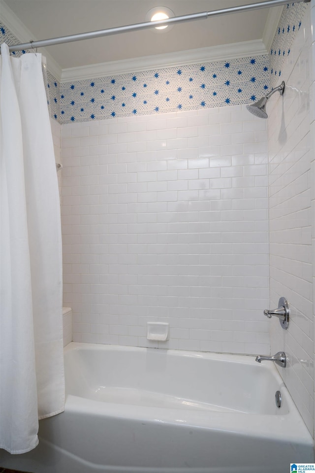 full bathroom featuring shower / bath combo and crown molding