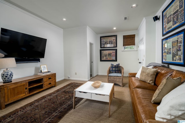 carpeted living room with recessed lighting, visible vents, baseboards, and crown molding