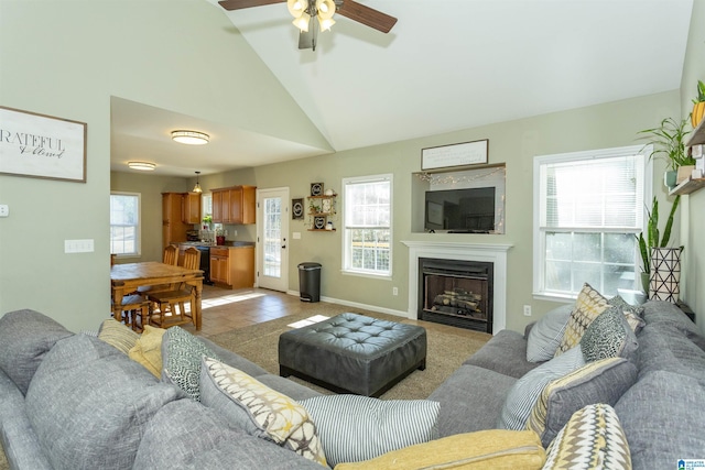 living area featuring high vaulted ceiling, a wealth of natural light, a fireplace, and baseboards