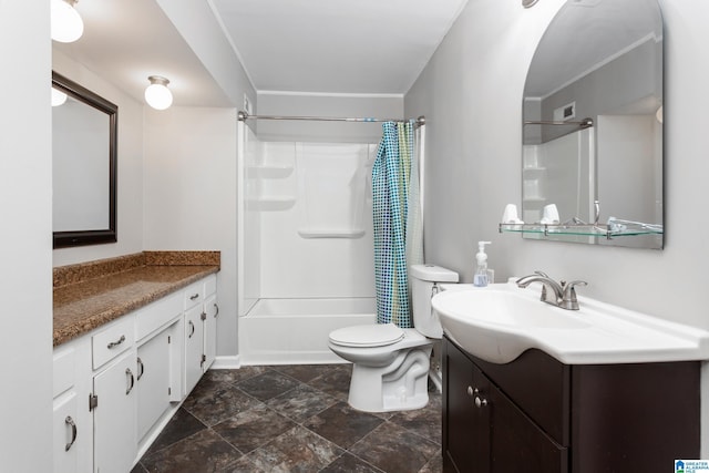 full bath with toilet, stone finish flooring, shower / tub combo with curtain, and vanity