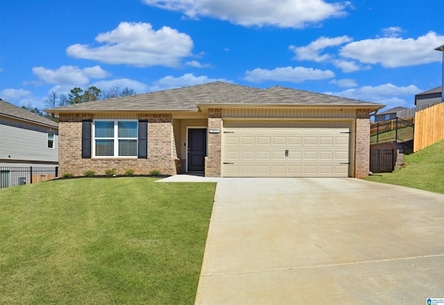 view of front of property featuring concrete driveway, an attached garage, fence, a front yard, and brick siding