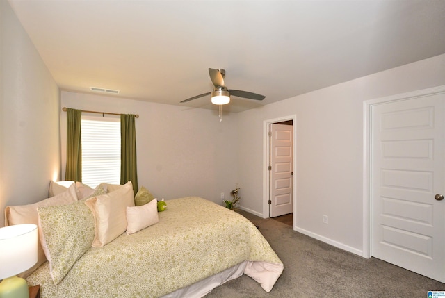 bedroom featuring a ceiling fan, dark carpet, visible vents, and baseboards