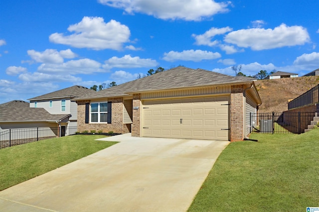 ranch-style house featuring a front yard, fence, and central AC unit