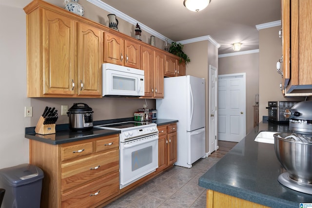 kitchen featuring white appliances, brown cabinetry, tile patterned flooring, crown molding, and dark countertops