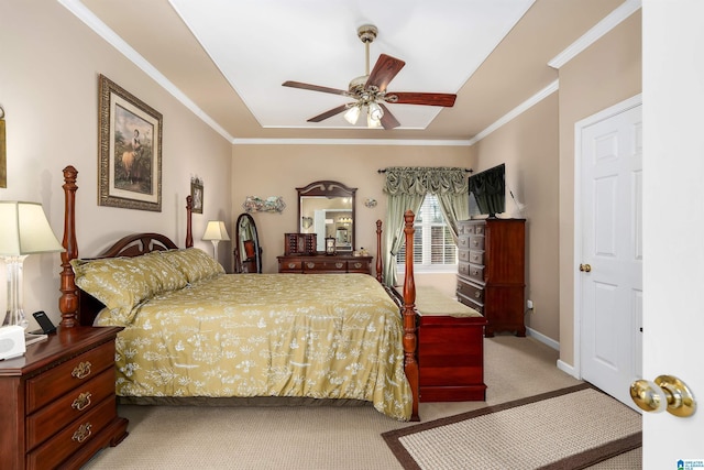 bedroom with ceiling fan, baseboards, light colored carpet, and ornamental molding