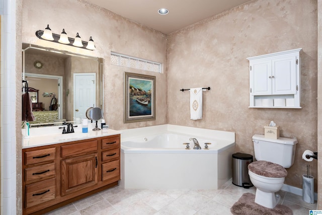 bathroom featuring vanity, toilet, a bath, and tile patterned flooring