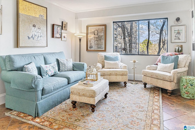 living area featuring ornamental molding