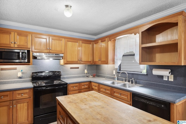 kitchen with tasteful backsplash, brown cabinetry, a sink, under cabinet range hood, and black appliances