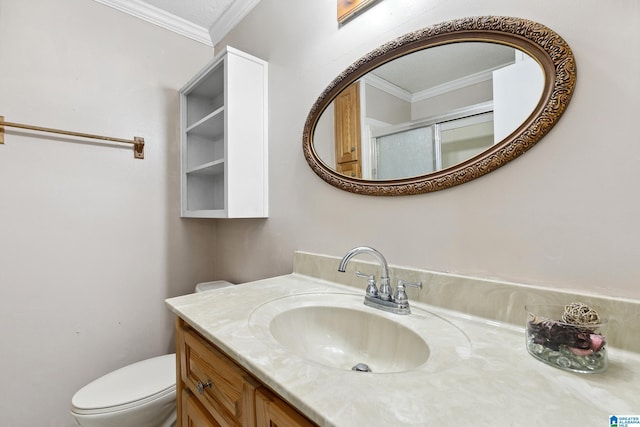 bathroom featuring toilet, a shower with door, ornamental molding, and vanity