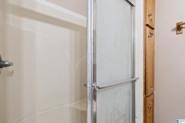 bathroom featuring a shower with door