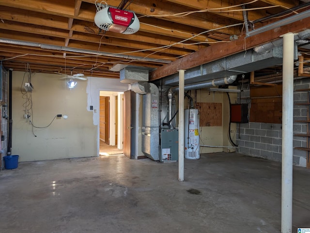 unfinished basement with water heater and heating unit