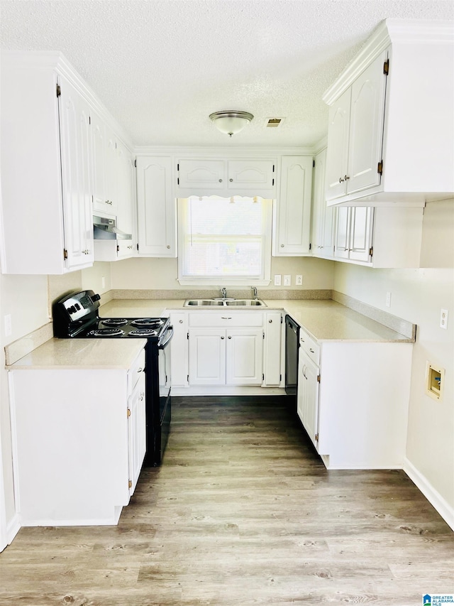 kitchen with black appliances, light wood finished floors, a sink, and under cabinet range hood