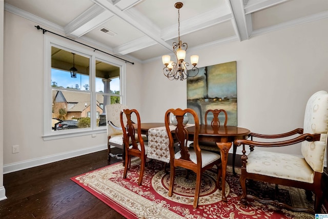 dining space featuring visible vents, wood finished floors, coffered ceiling, beamed ceiling, and baseboards