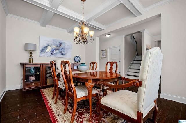 dining space with stairs, hardwood / wood-style floors, coffered ceiling, and baseboards