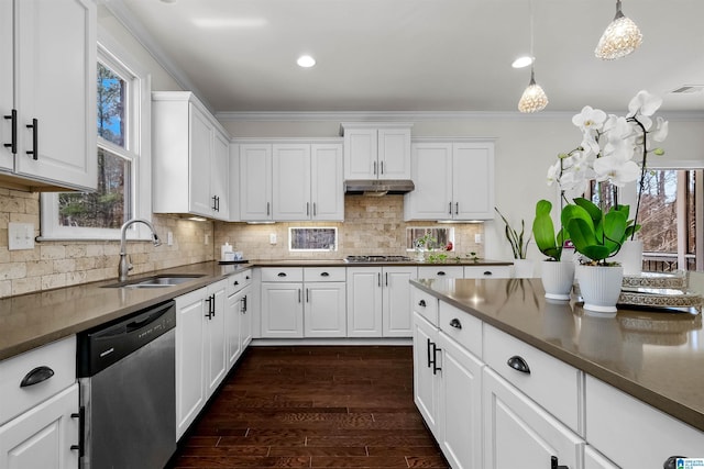 kitchen with crown molding, stainless steel appliances, dark countertops, a sink, and under cabinet range hood