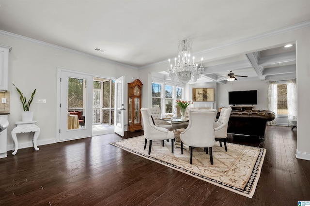 dining space with baseboards, plenty of natural light, visible vents, and dark wood-style flooring