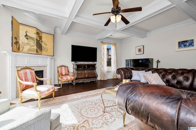 living room with coffered ceiling, a ceiling fan, wood finished floors, beamed ceiling, and a fireplace