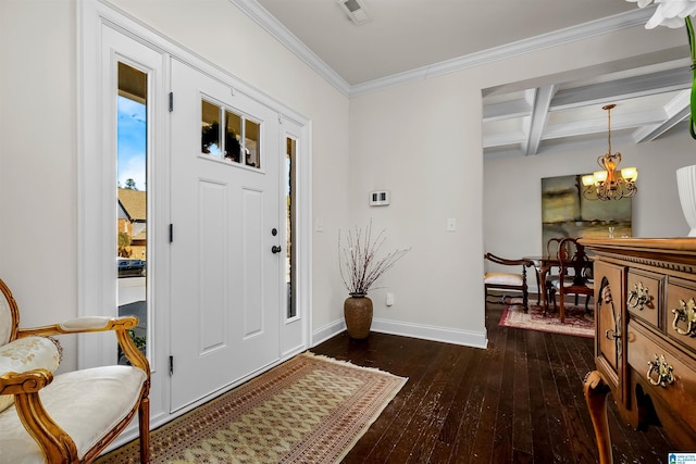 foyer featuring dark wood finished floors, a chandelier, coffered ceiling, beamed ceiling, and baseboards