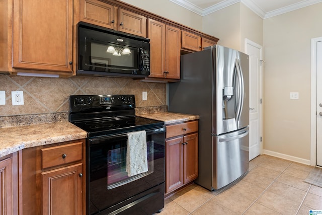 kitchen featuring black appliances, ornamental molding, brown cabinetry, and tasteful backsplash